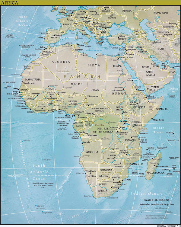 High resolution detailed political and relief map of Africa.