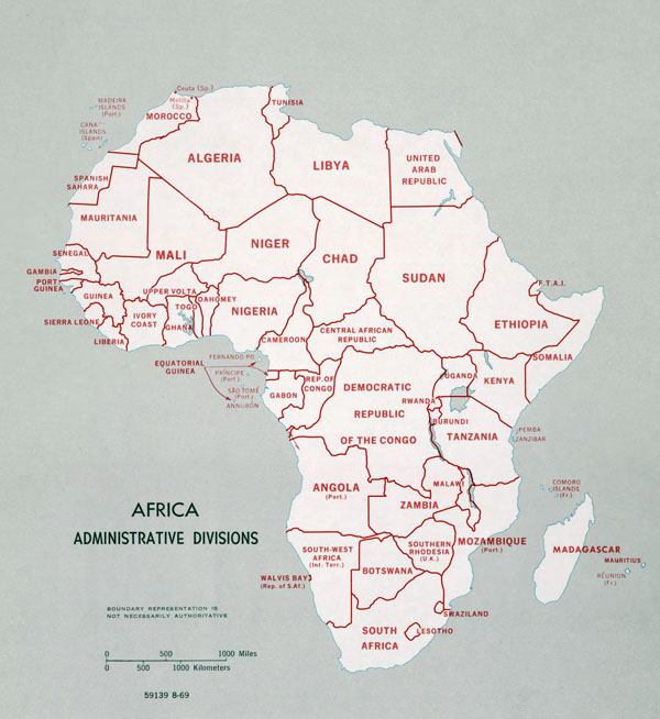 Large administrative divisions map of Africa - 1969.