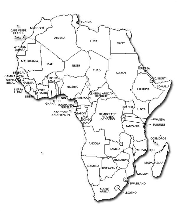 Large detailed contour political map of Africa.