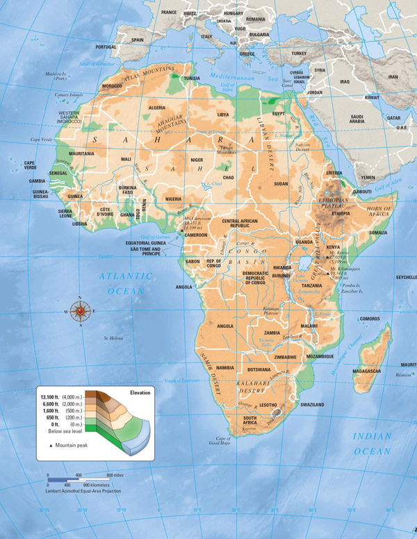 Large detailed elevation map of Africa.