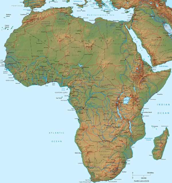 Large detailed physical map of Africa.