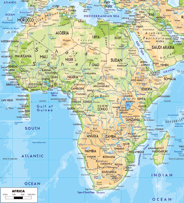 Large detailed physical map of Africa with roads and cities.