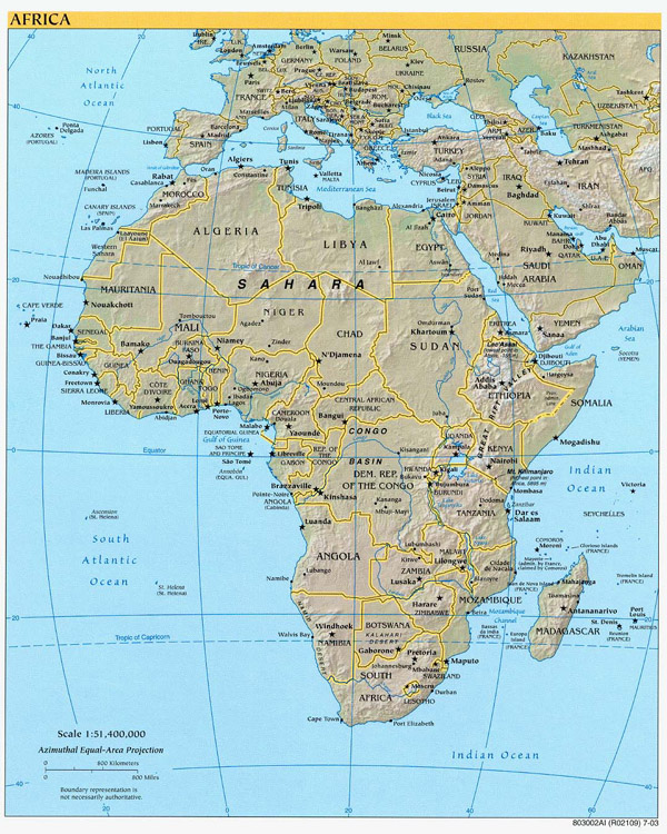 Large detailed political and relief map of Africa.