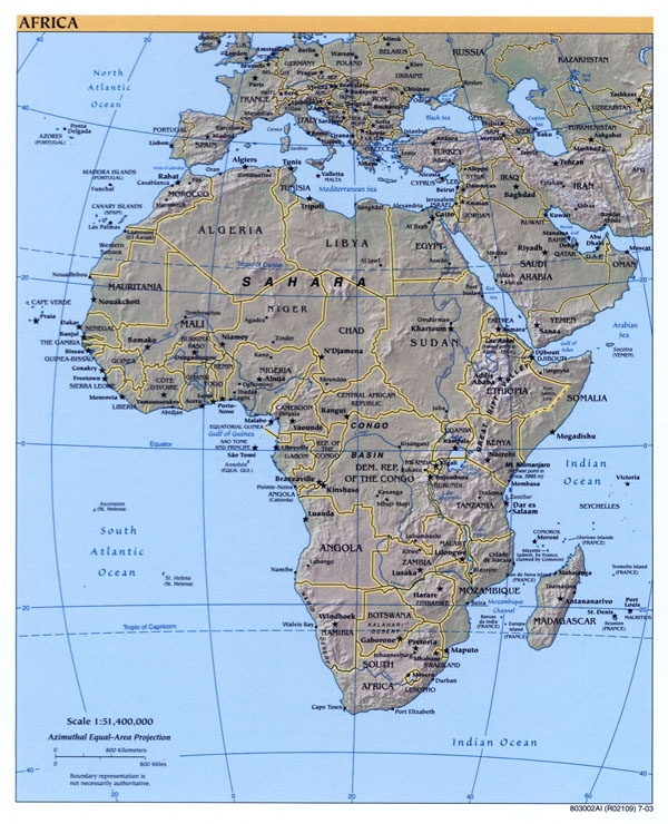 Large detailed political map of Africa with relief, capitals and major cities - 2003.
