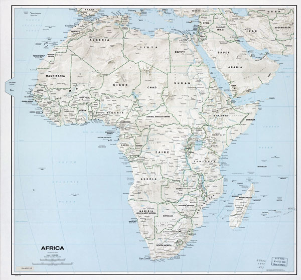 Large political map of Africa with relief - 1977.
