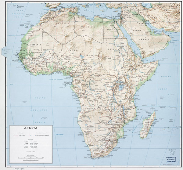 Large political map of Africa with relief, roads, railroads and cities - 1968.