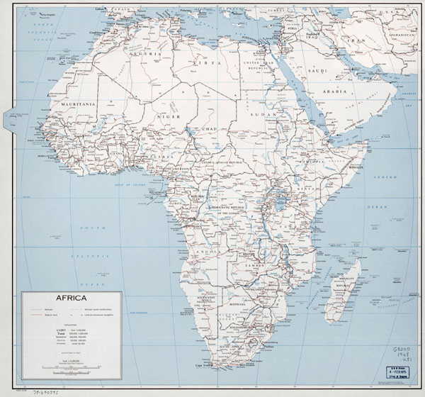 Large political map of Africa with roads, railroads and cities - 1968.