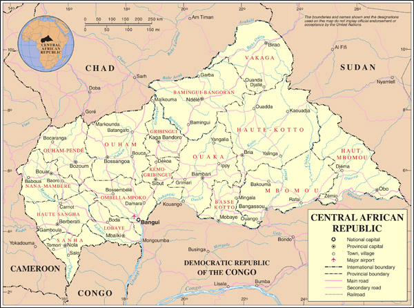 Detailed political and administrative map of Central African Republic with all cities, roads and airports.