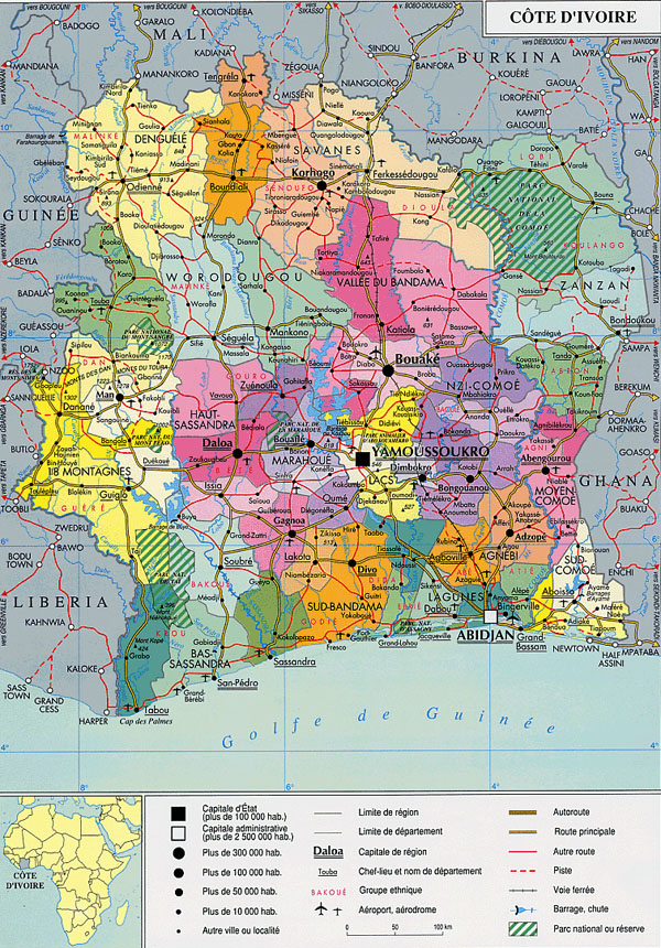 Administrative map of Cote d’Ivoire with all cities, roads and airports.