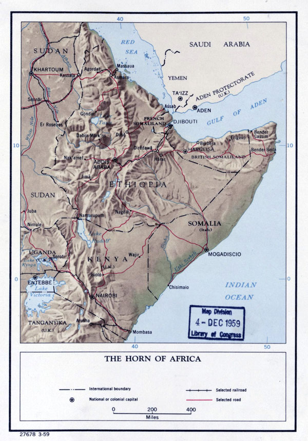 Large detailed political map of the Horn of Africa with relief - 1959.