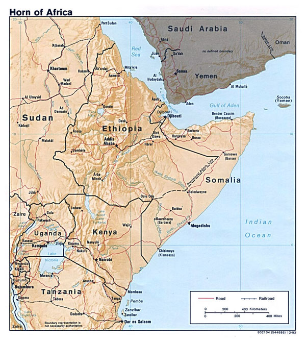 Large political map of Horn of Africa with relief - 1992.