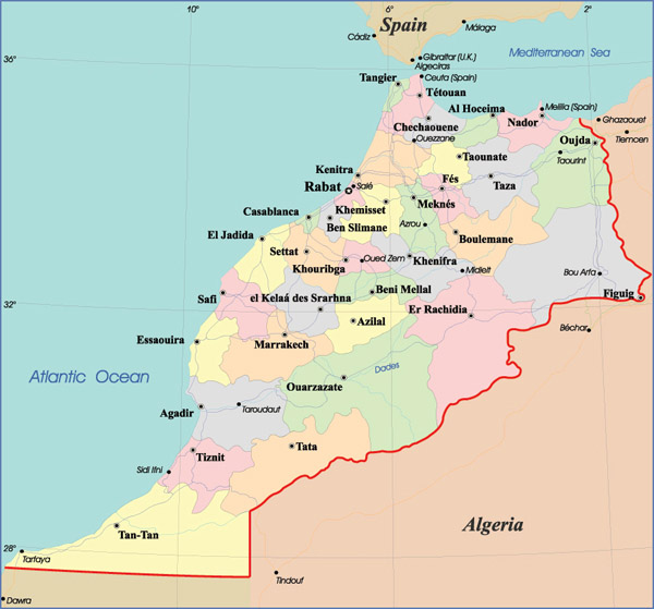 Detailed administrative map of Morocco with cities.