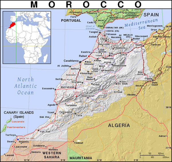 Detailed political map of Morocco with relief, roads and cities.