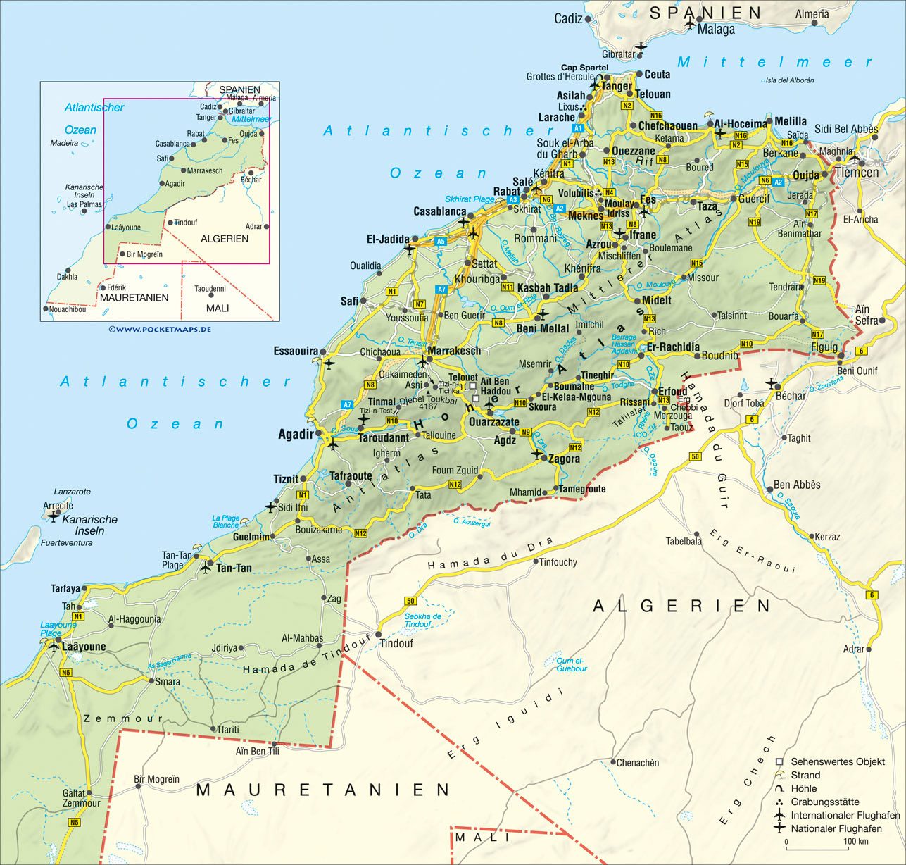 Road map of Morocco with relief, cities and airports | Vidiani.com