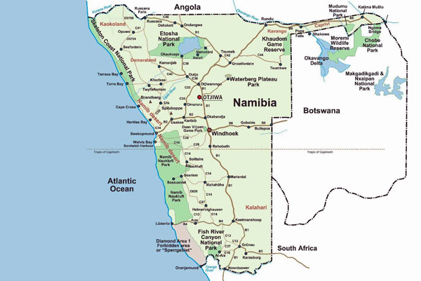 Detailed national parks map of Namibia and Botswana.