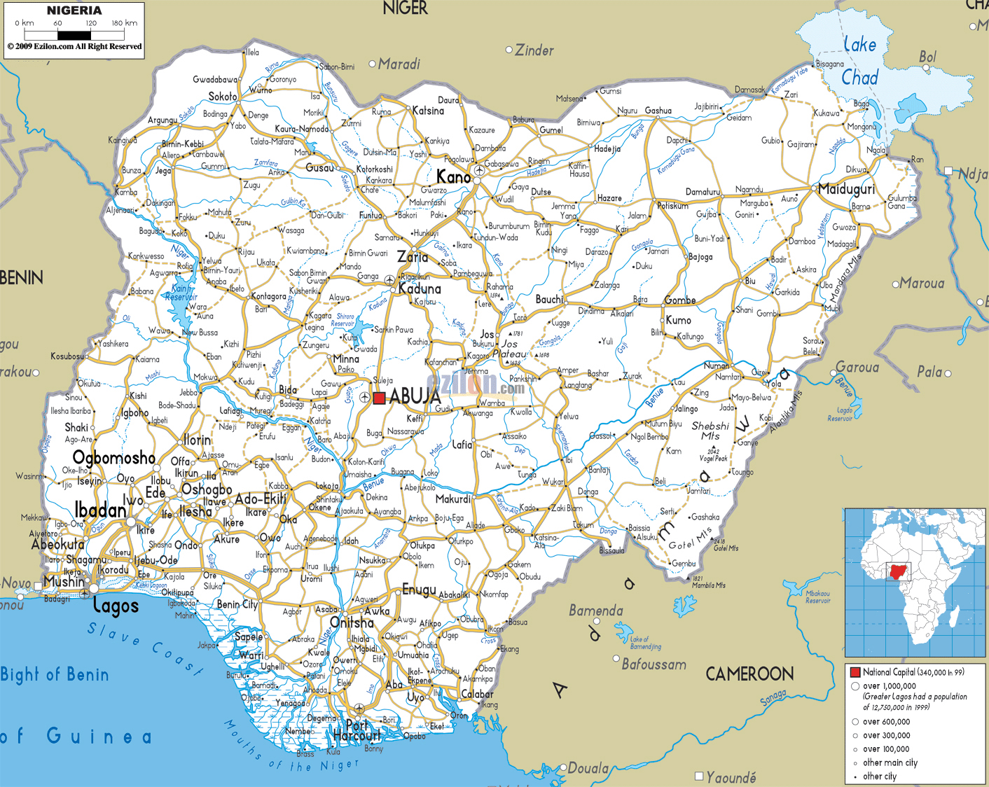 Large Detailed Road Map Of Nigeria With All Cities Roads And Airports