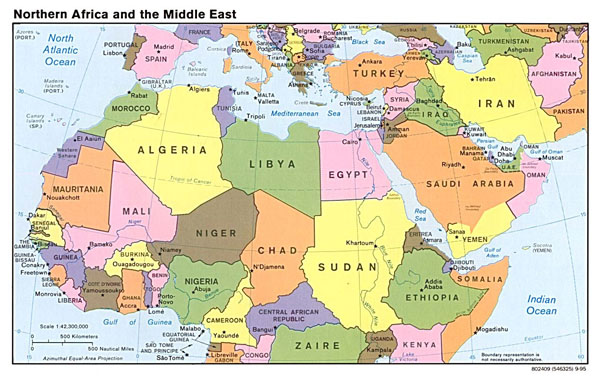 Detailed political map of North Africa and the Middle East with capitals - 1995.