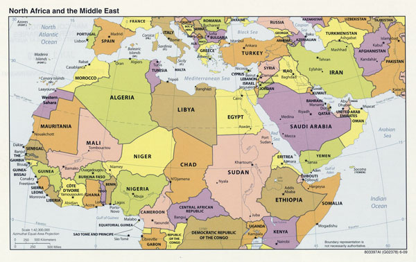 Large political map of North Africa and the Middle East with capitals - 2009.