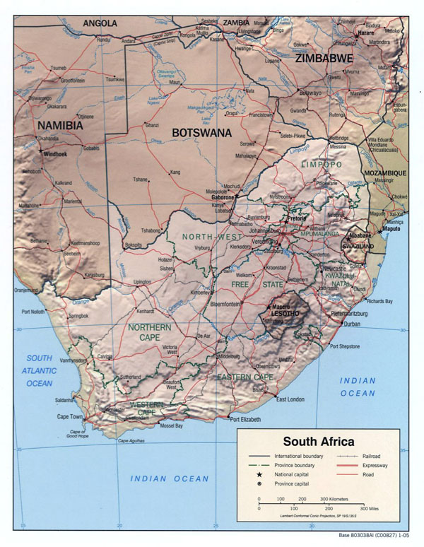 Detailed political map of South Africa with relief, roads and major cities - 2005.