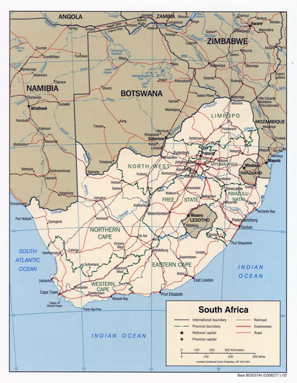 Detailed political map of South Africa with roads and major cities - 2005.