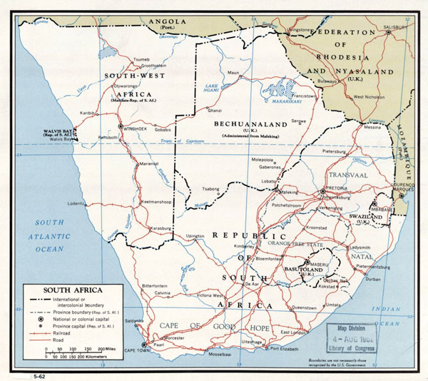 Large detailed political map of South Africa with roads and major cities - 1962.