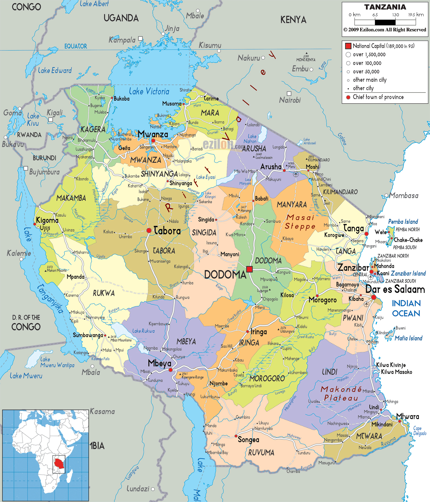 Large Detailed Administrative Map Of Tanzania With All Cities Roads