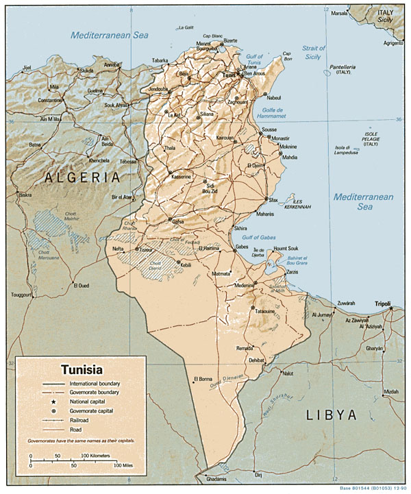 Detailed relief and political map of Tunisia. Tunisia detailed relief and political map.