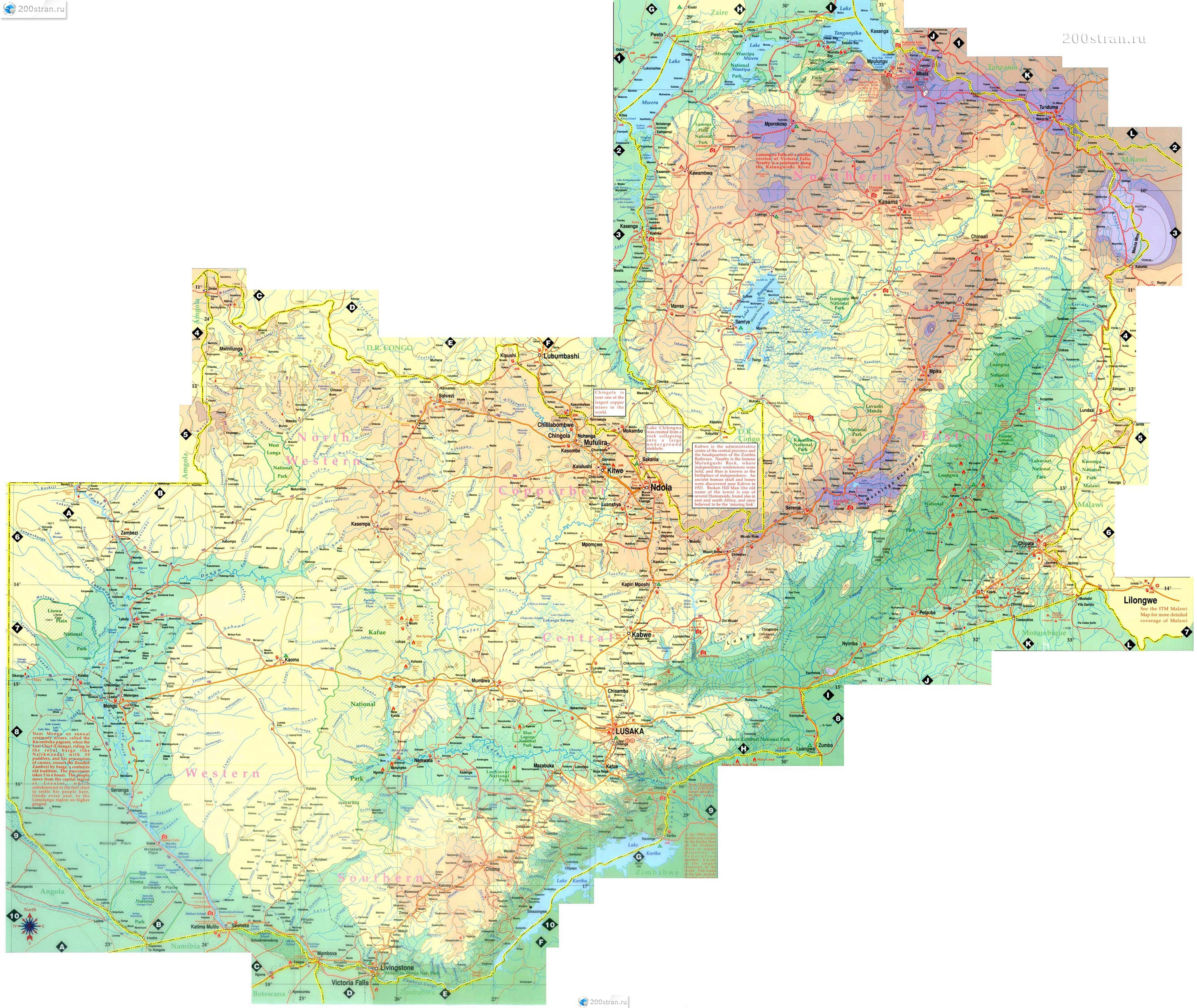 Large detailed road and physical map of Zambia. Zambia large detailed
