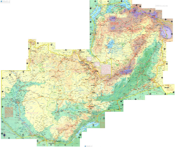 Large detailed road and physical map of Zambia. Zambia large detailed road and physical map.