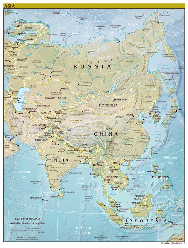 Asia large detailed political map with relief, all capitals and major cities.
