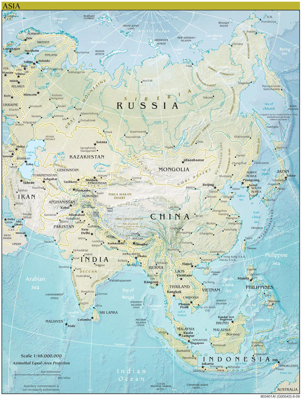 Asia continent detailed physical map.