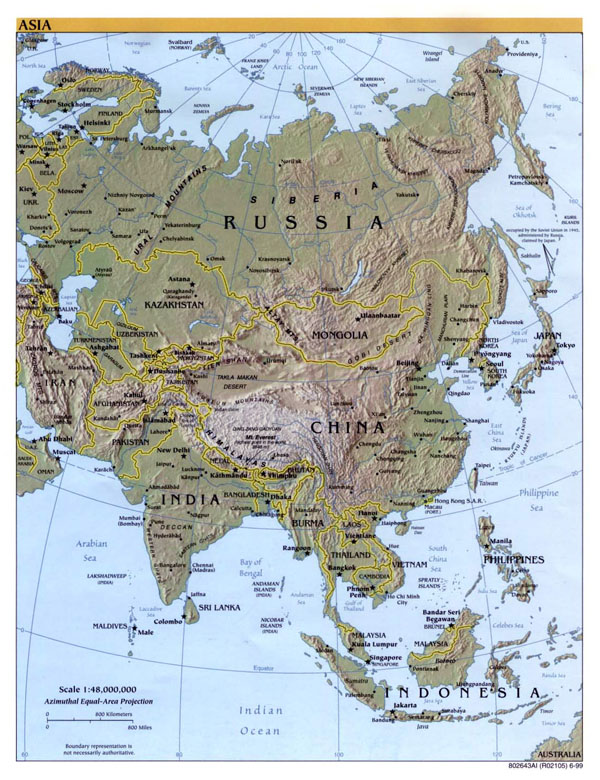 Detailed political map of Asia with relief - 1999.