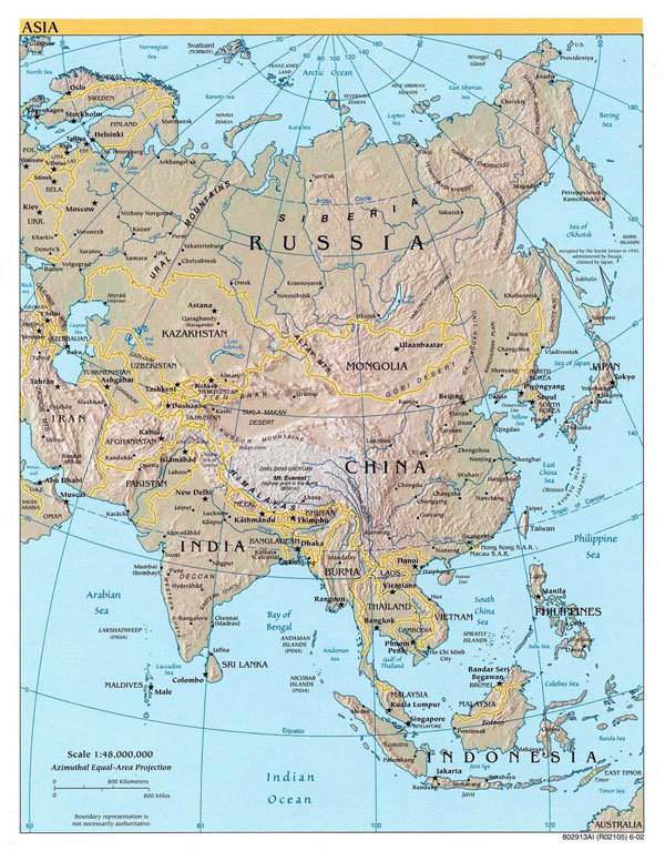 Detailed political map of Asia with relief - 2002.