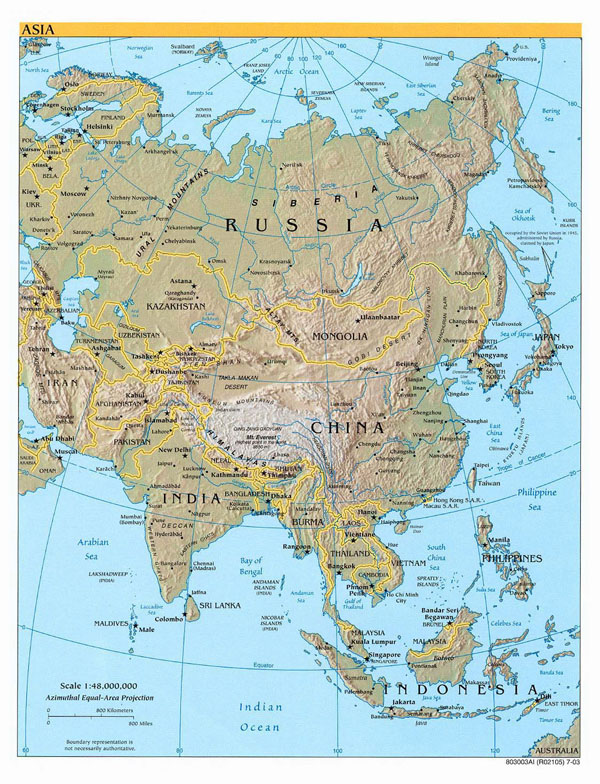 Detailed political map of Asia with relief, capitals and major cities - 2003.