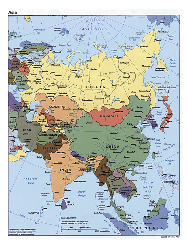 Detailed political map of Asia with all capitals.