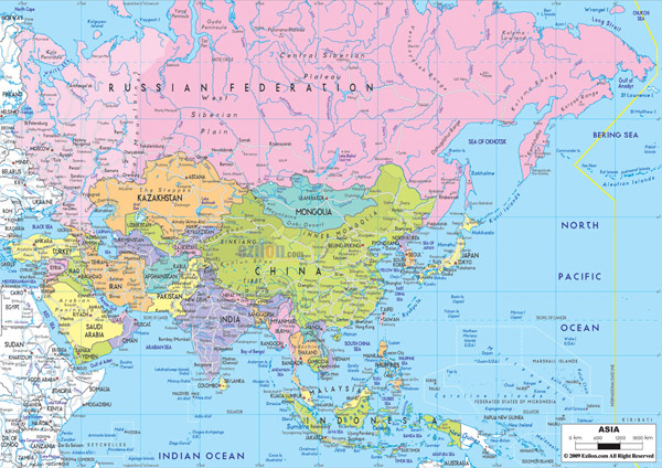 Detailed political map of Asia with highways.