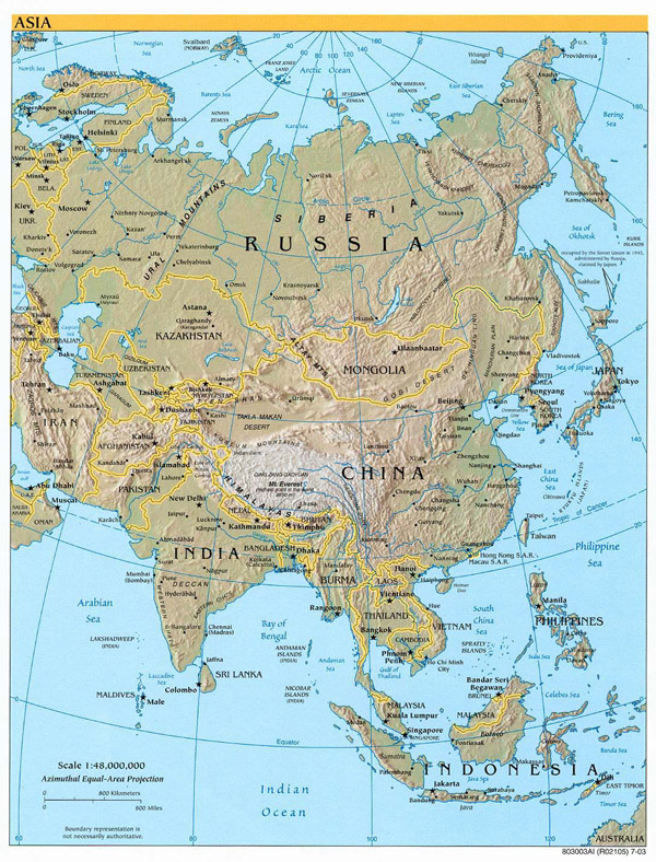 Detailed relief and political map of Asia.