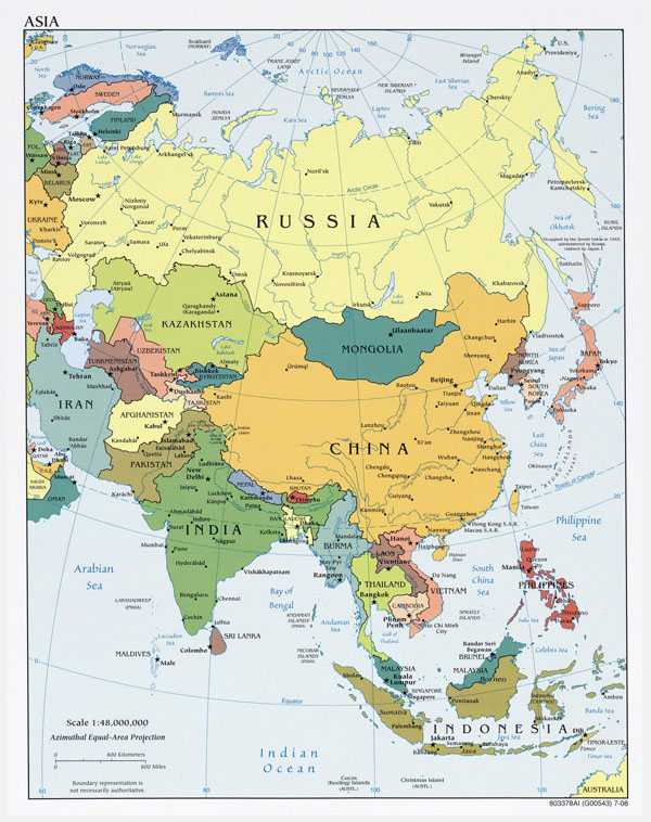 Large detailed political map of Asia with capitals and major cities - 2008.