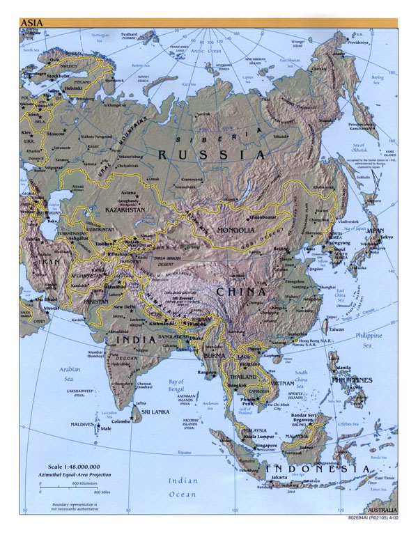Large detailed political map of Asia with relief, capitals and major cities - 2000.