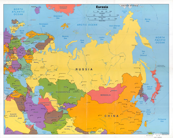 Large detailed political map of Eurasia wth capitals and major cities - 2006.