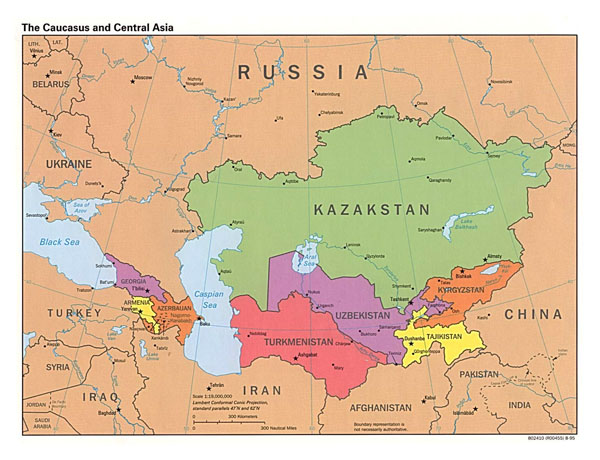 Large detailed political map of the Caucasus and Central Asia with capitals - 1995.