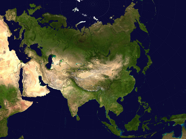 Large detailed satellite map of Asia.