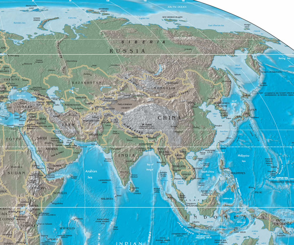 Large physical and relief map of Asia.