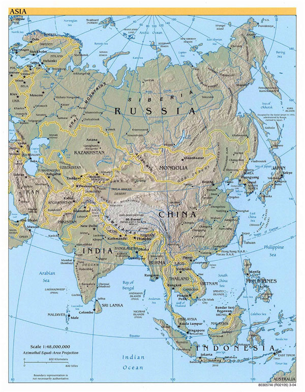 Large political map of Asia with relief - 2004.
