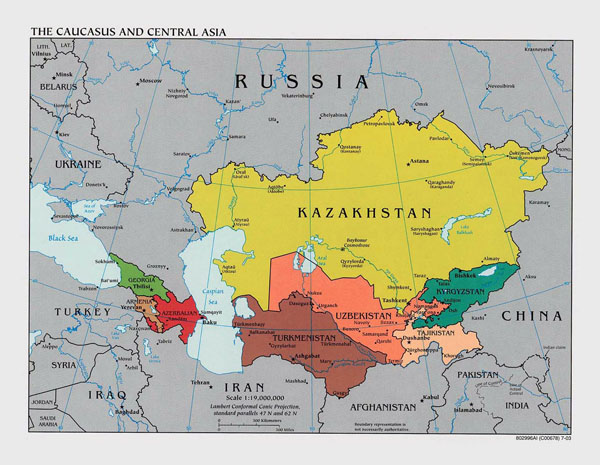 Large political map of the Caucasus and Central Asia with capitals - 2003.