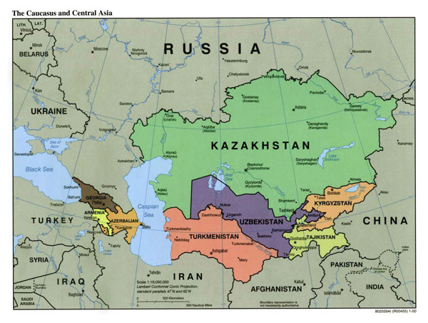 Large political map of the Caucasus and Central Asia with capitals and major cities - 2000.