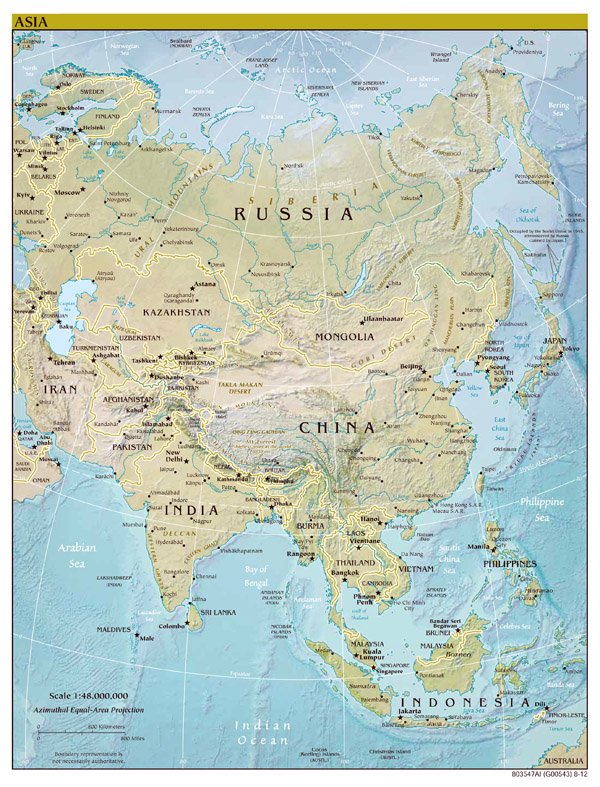 Large scale political map of Asia with relief - 2012.