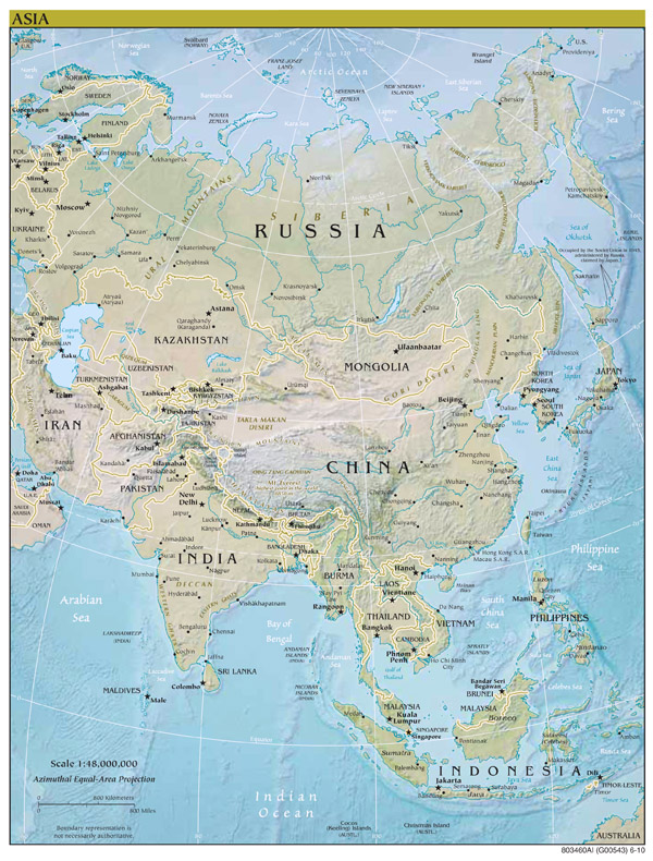 Large scale political map of Asia with relief and major cities - 2010.