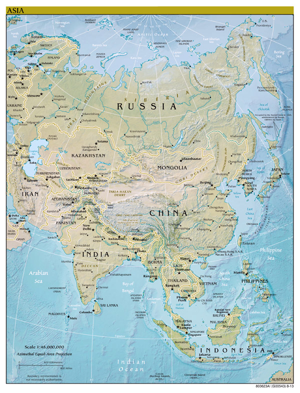 Large scale political map of Asia with relief, capitals and major cities - 2013.