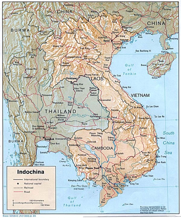 Detailed relief and political map of Indochina. Cambodia detailed relief and political map.